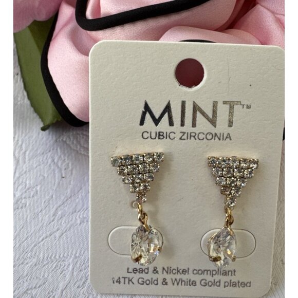 Mint Lead Nickel Free 14K Gold & White Gold CZ Earrings Triange Drop NEW - Picture 1 of 7